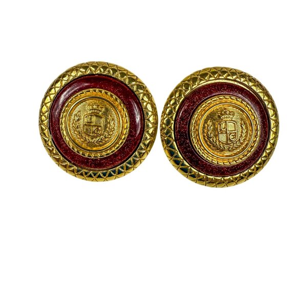 Liz Claiborne Gold-Tone Crest Red Enamel Etruscan Pierced Earrings - Picture 1 of 4